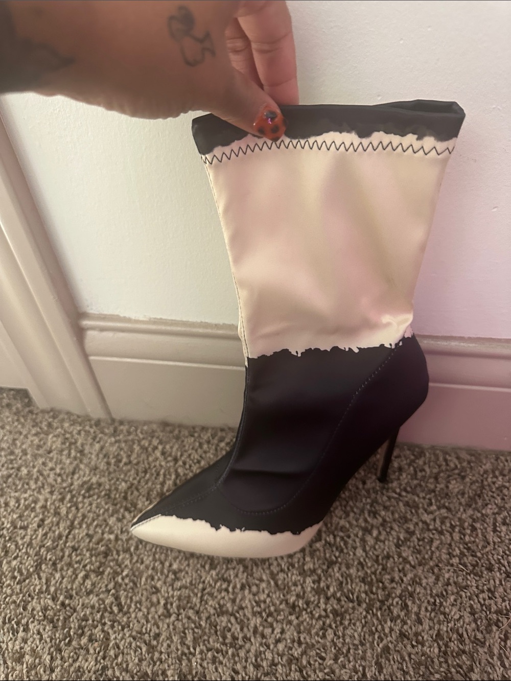 Two-Tone Black and Cream Pointed Stiletto Boot